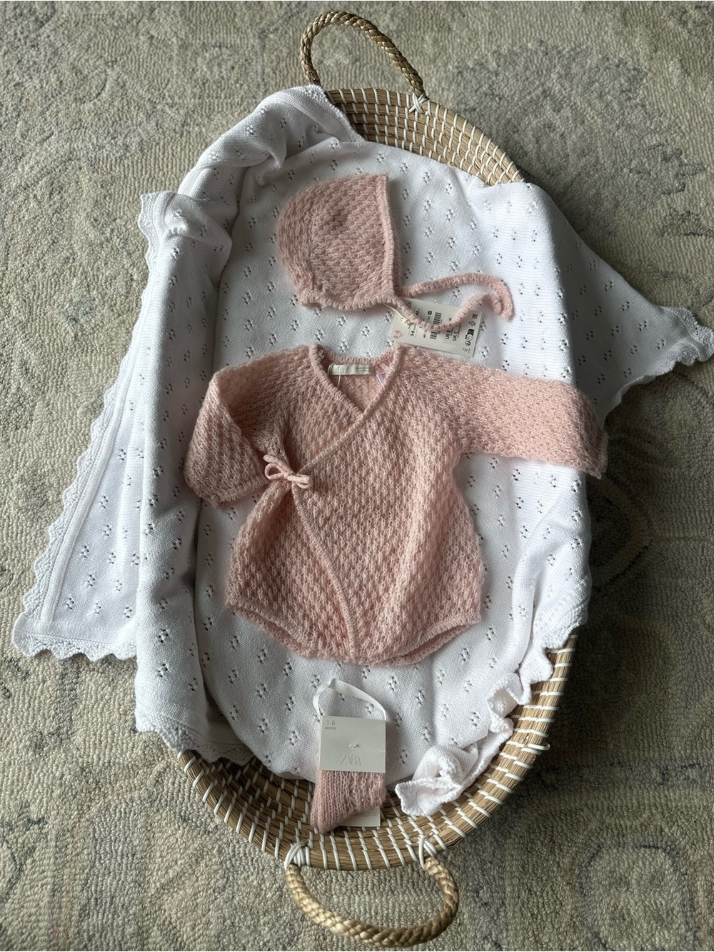 Zara Blush Pink Wool Blend Knit Baby Bonnet, Socks and Bodysuit Set